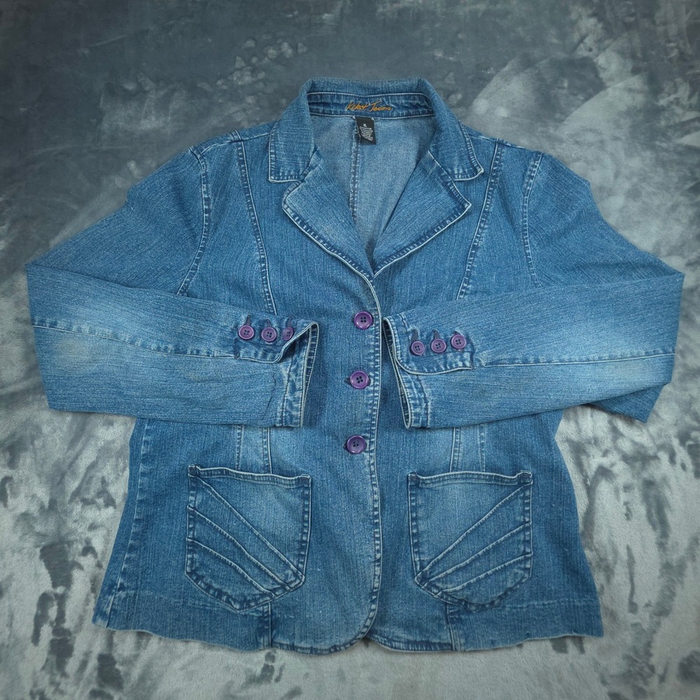 Kikit Jeans Womens XL Blue Denim Blazer Jacket Purple Buttons Stretch Wash